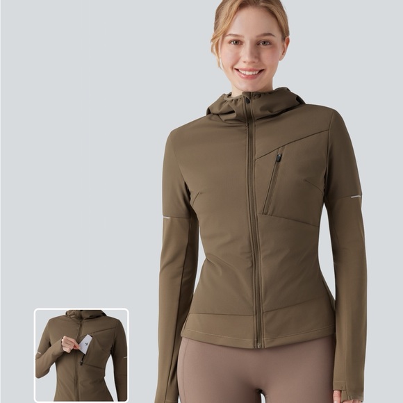 HALARA Jackets & Blazers - Halara Hooded Zipper Long Sleeve Thumb Hole Running Down Jacket Otter NWT Medium